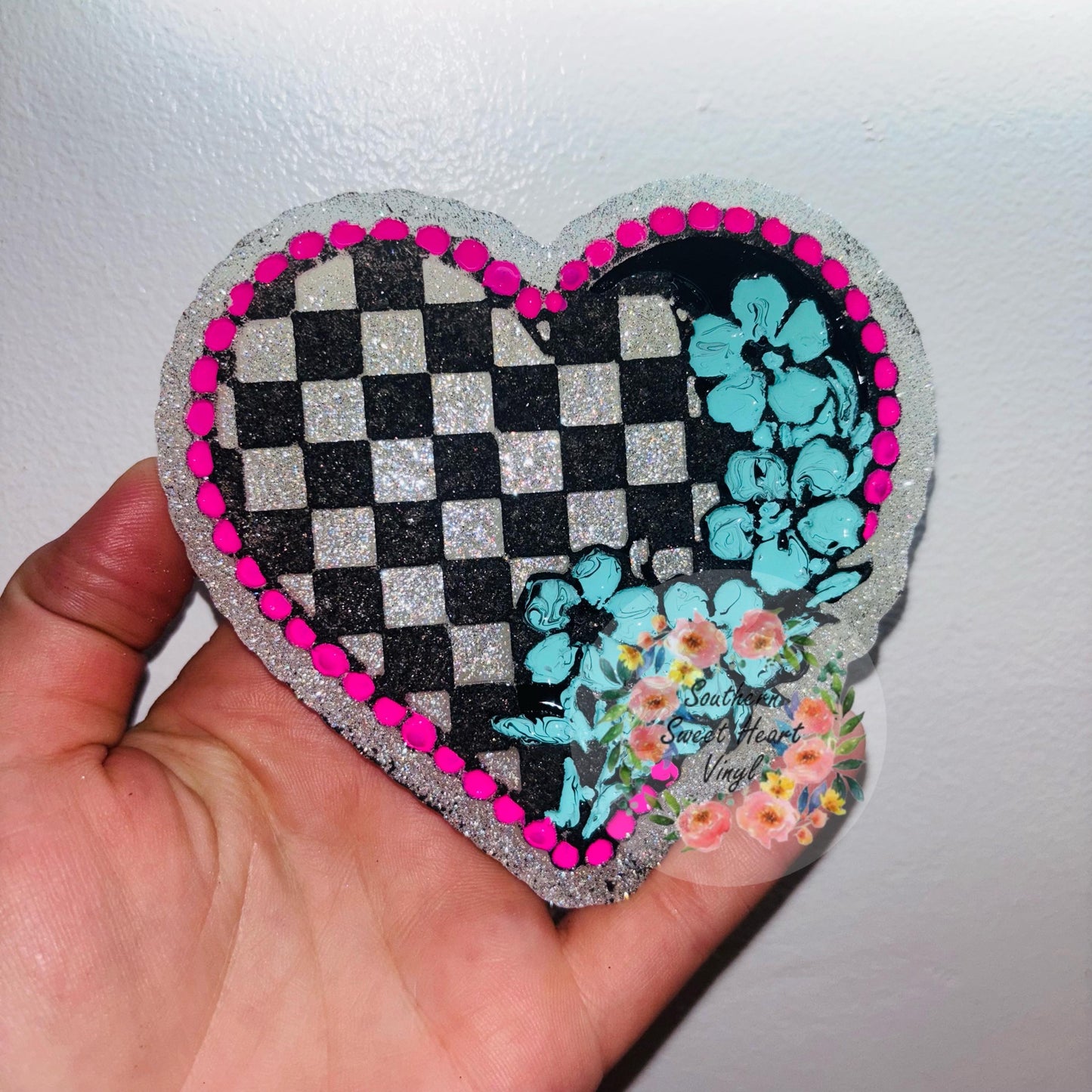 Checkered Heart flower tooled leather car freshie mold