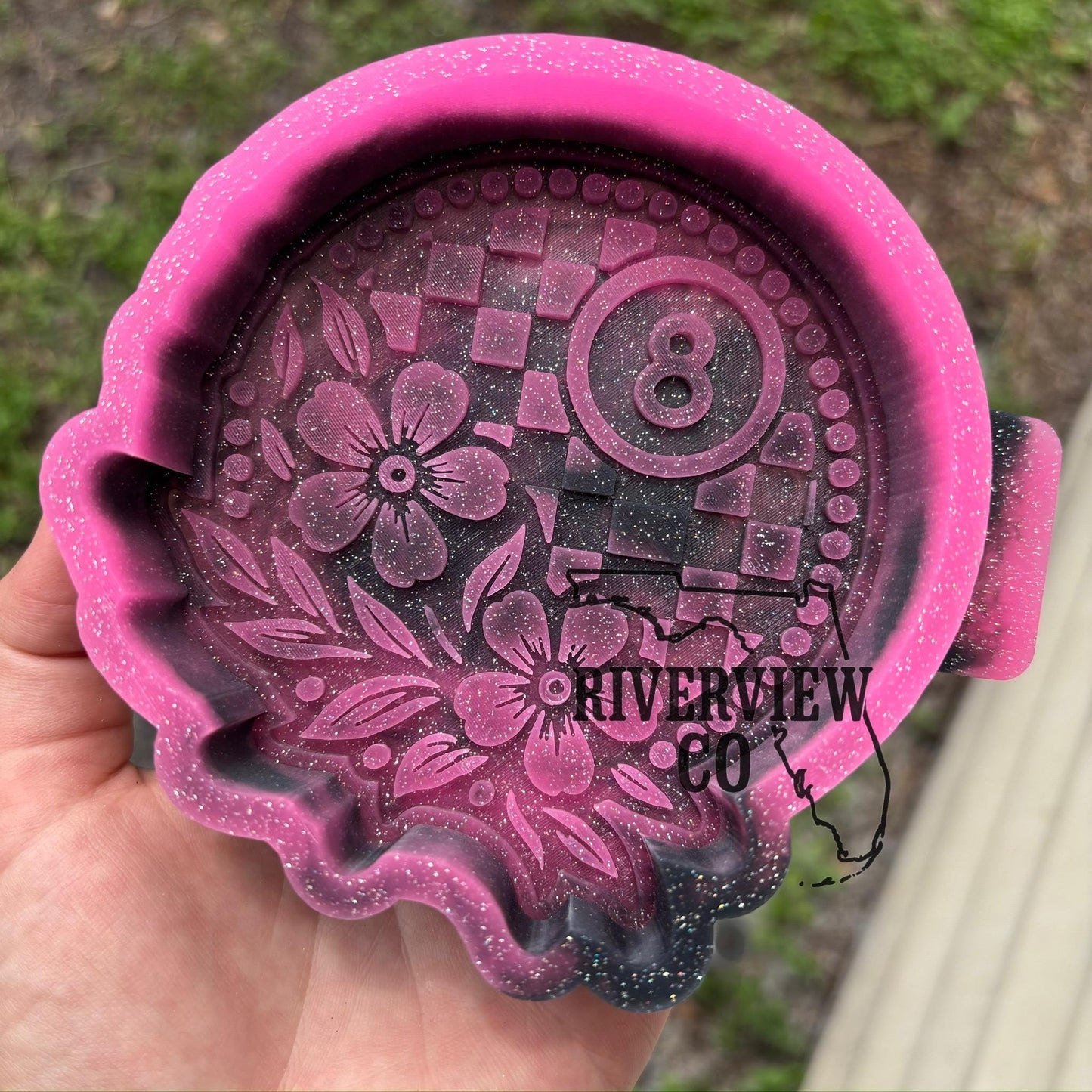 Checkered 8 ball flower tooled leather car freshie mold