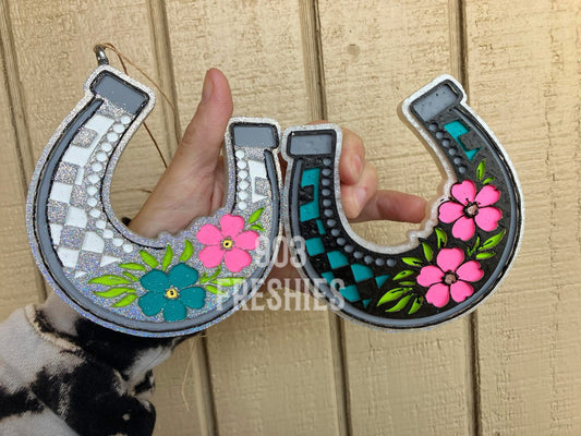 Checkered horse shoe flower tooled leather car freshie mold