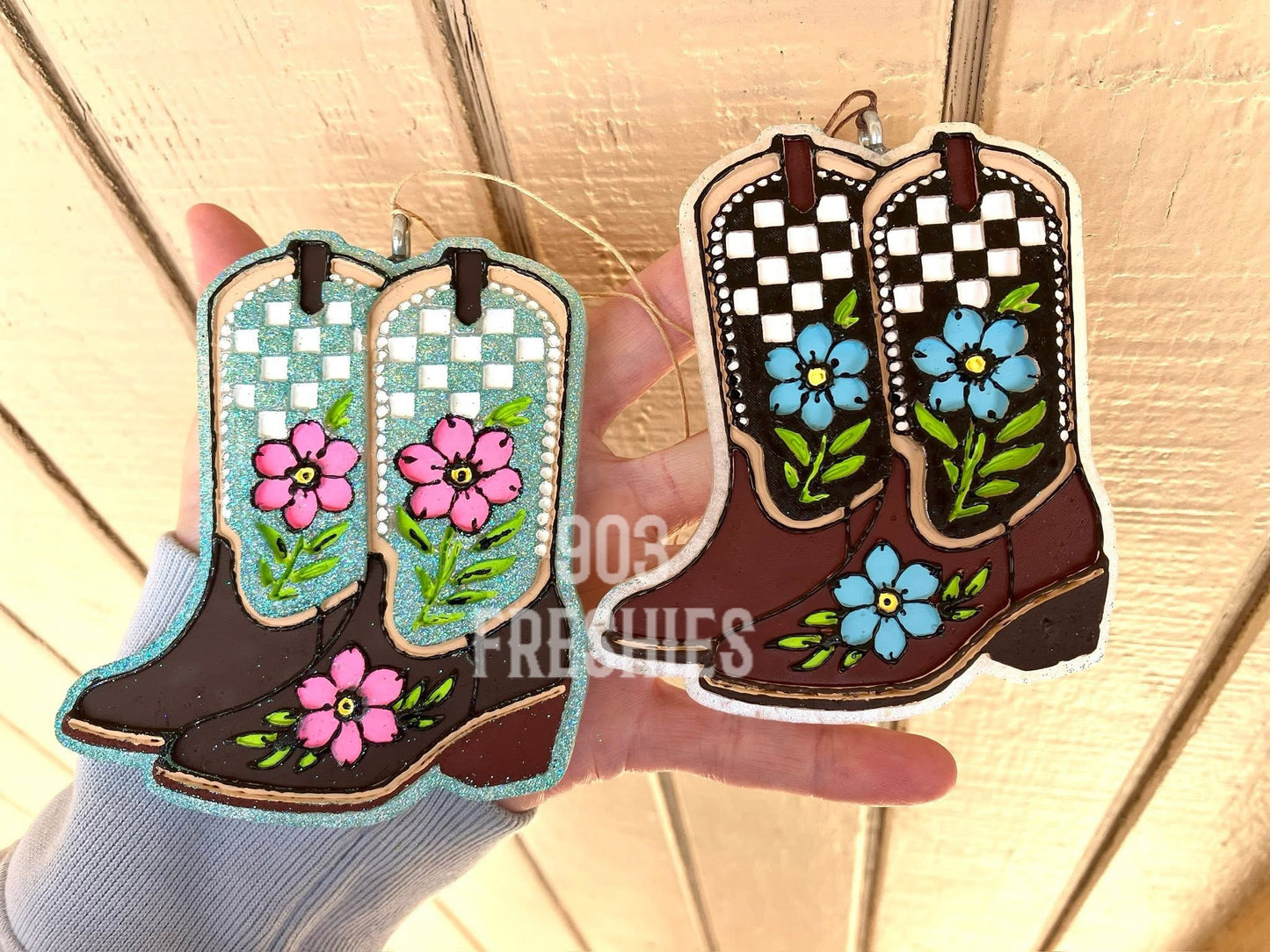 Checkered Cowboy boots flower tooled leather car freshie mold