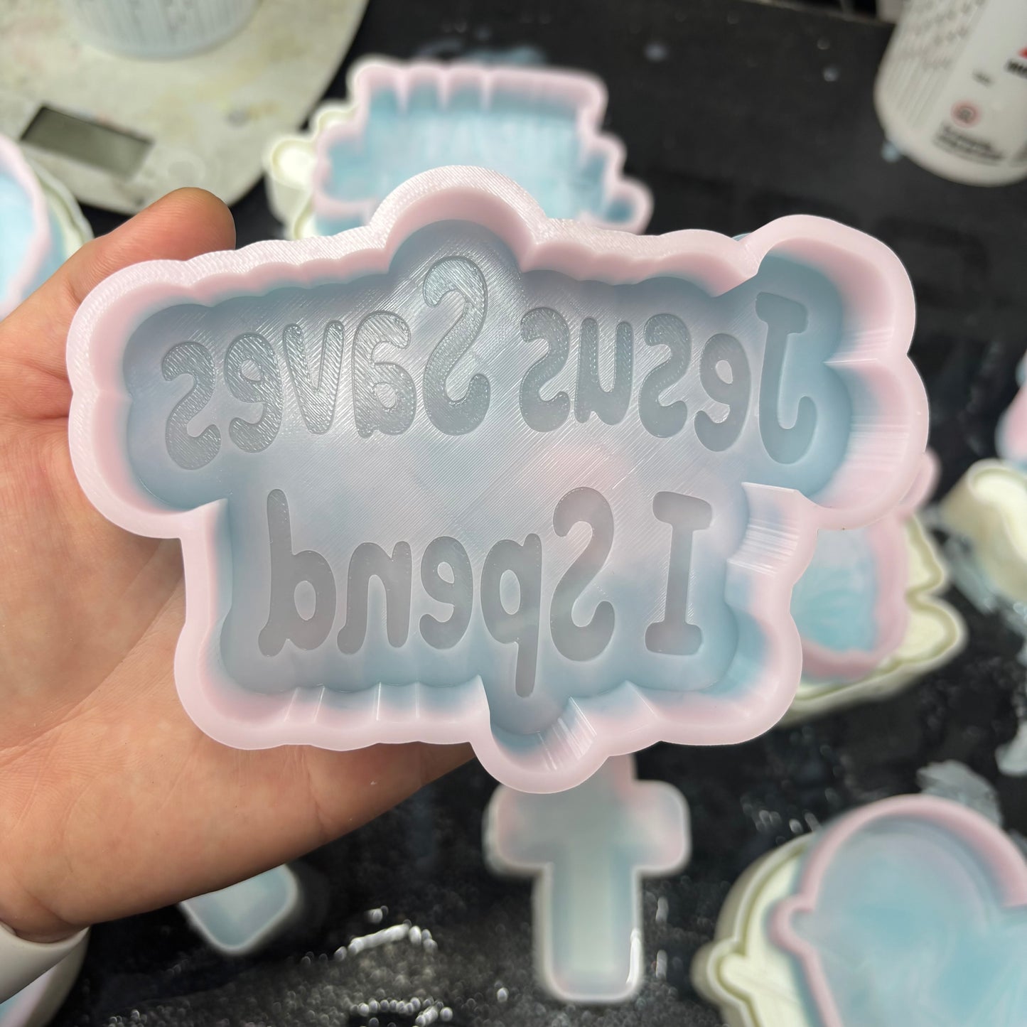Jesus saves I spend car freshie mold