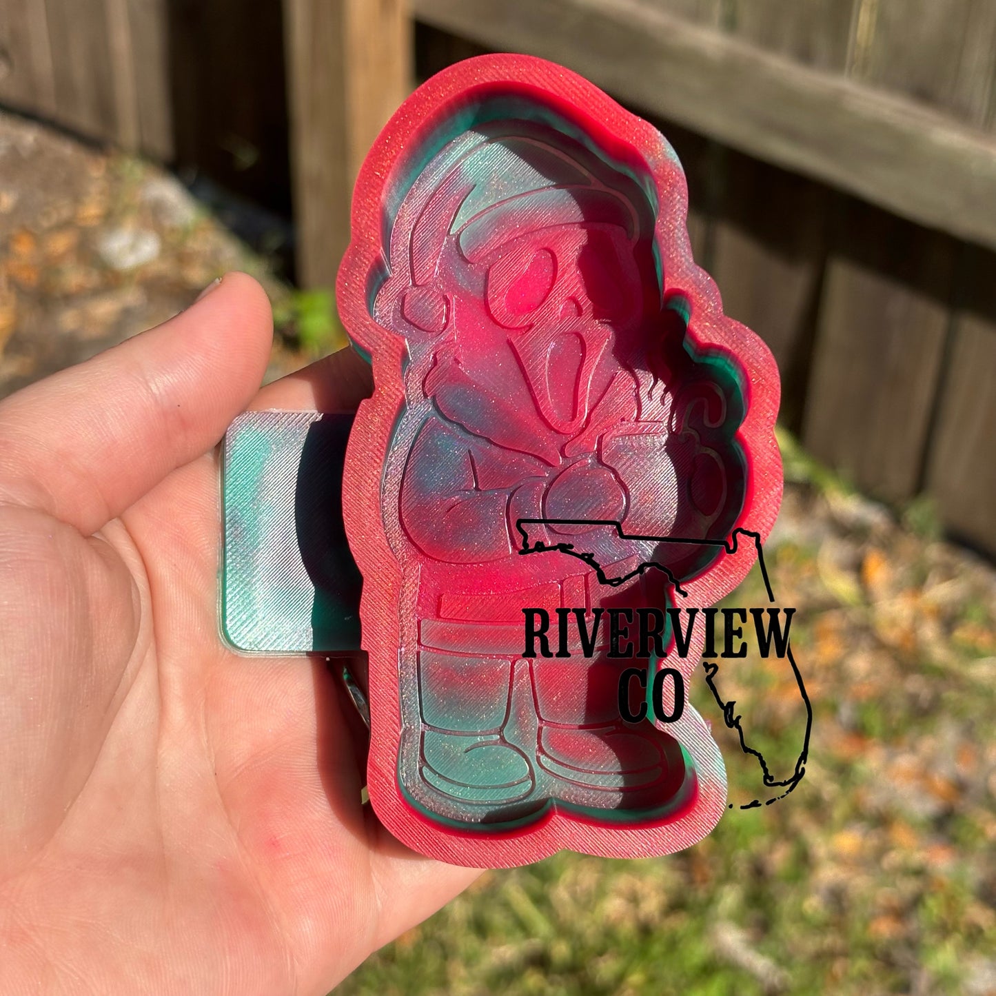 Christmas Ghost face wearing a Santa hat drinking hot coco with candy cane car freshie mold