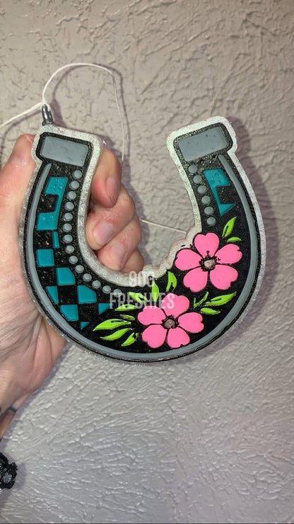 Checkered horse shoe flower tooled leather car freshie mold