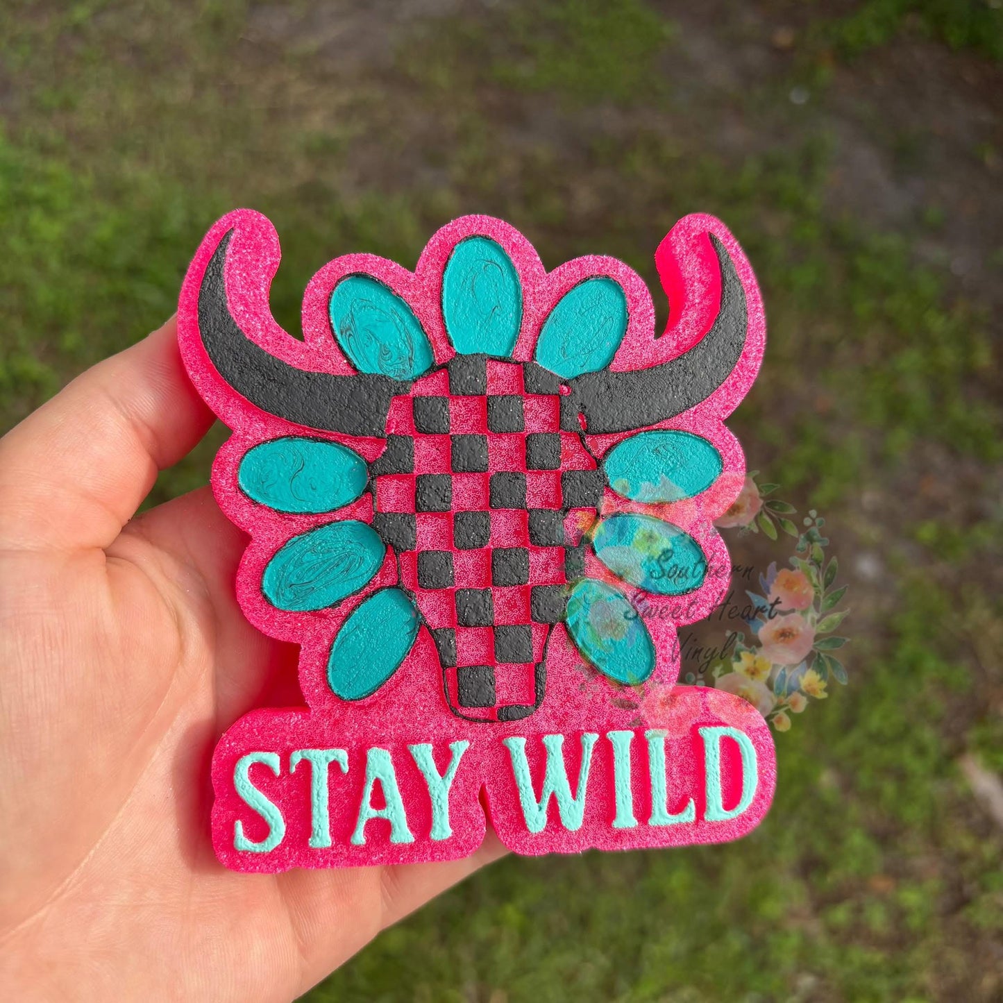 Stay wild checkered bull skull car freshie mold