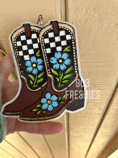 Checkered Cowboy boots flower tooled leather car freshie mold