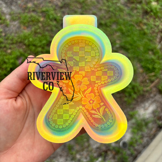 Checkered gingerbread man with tooled leather flowers car freshie mold