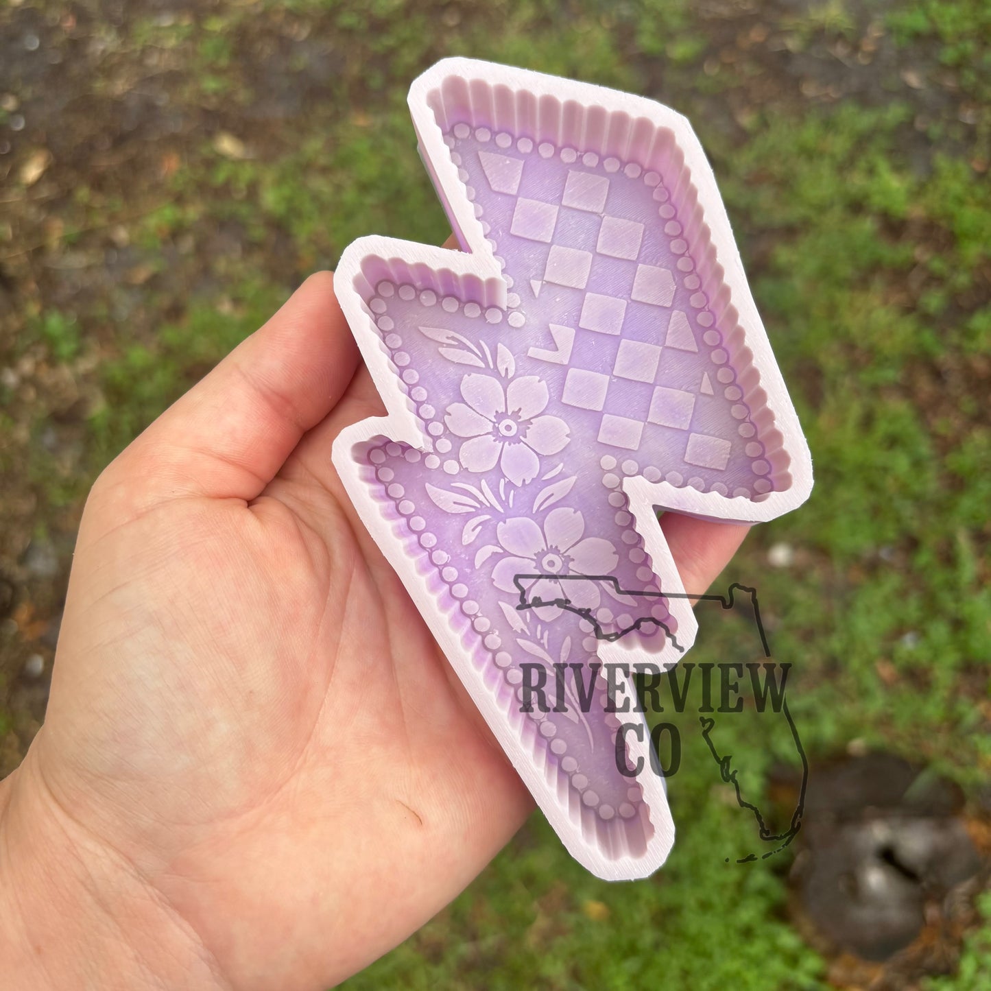 Checkered lightning bolt with tooled leather flowers car freshie mold