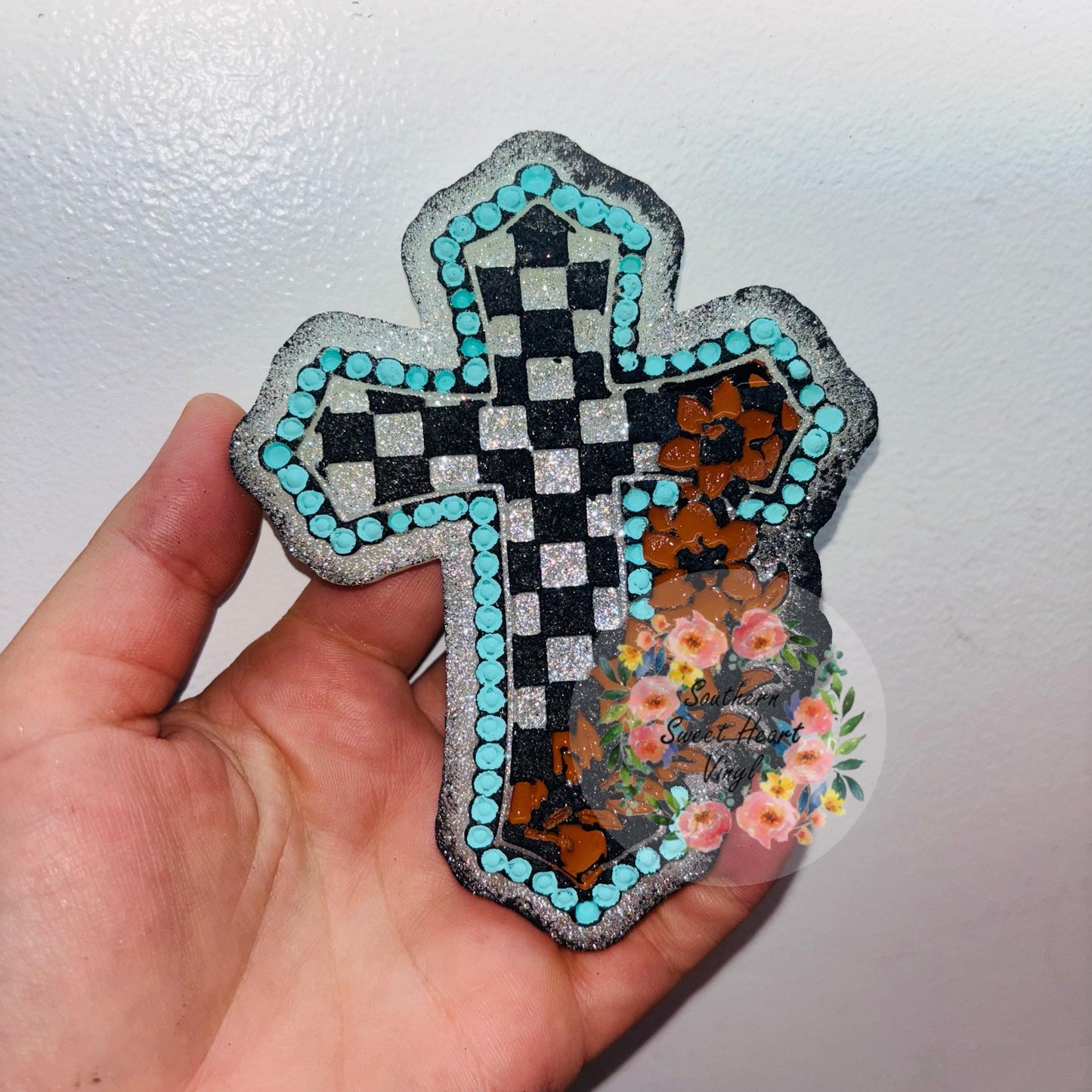 Checkered cross flower tooled leather car freshie mold