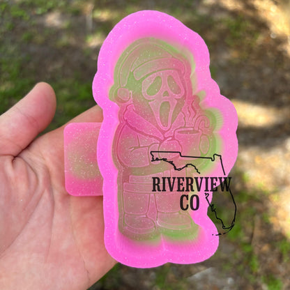 Christmas Ghost face wearing a Santa hat drinking hot coco with candy cane car freshie mold