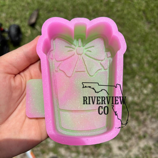 Blank iced coffee Togo cup with cute girly bow car freshie mold ! perfect to add a little circle cardstock photo to !