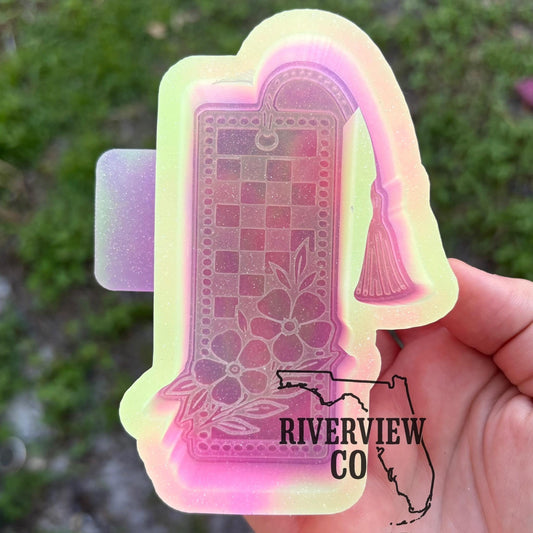 Checkered book mark flower tooled leather car freshie mold