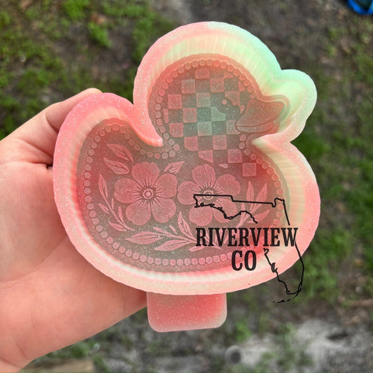 Checkered rubber duck flower tooled leather car freshie mold